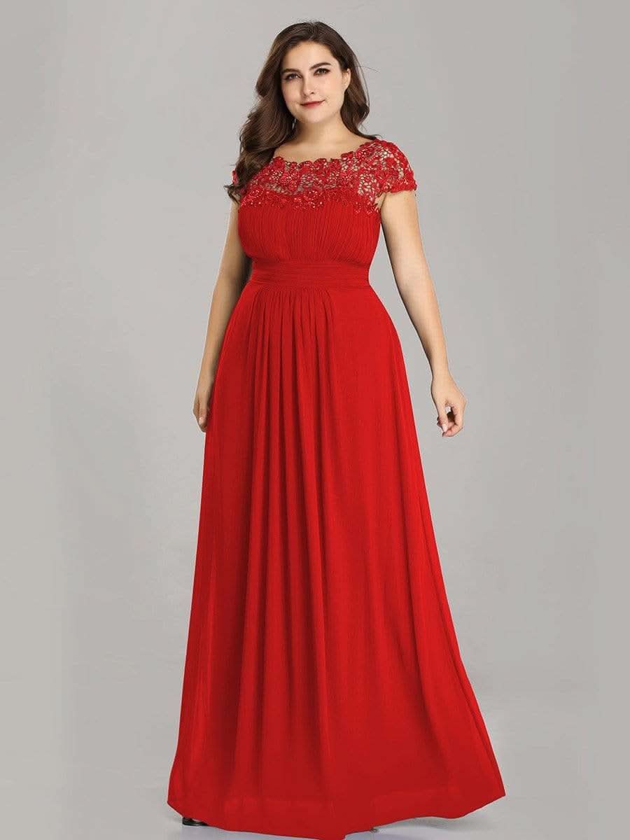 Color=Rot | Damen Lace Rueckseite Offen Kurzarme Chiffon Lange Abendkleider 09993-Rot 5