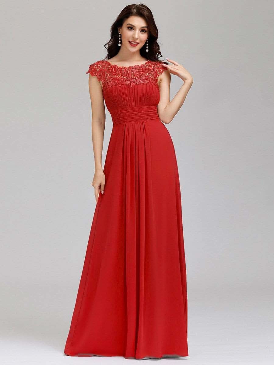 Color=Rot | Damen Lace Rueckseite Offen Kurzarme Chiffon Lange Abendkleider 09993-Rot 1