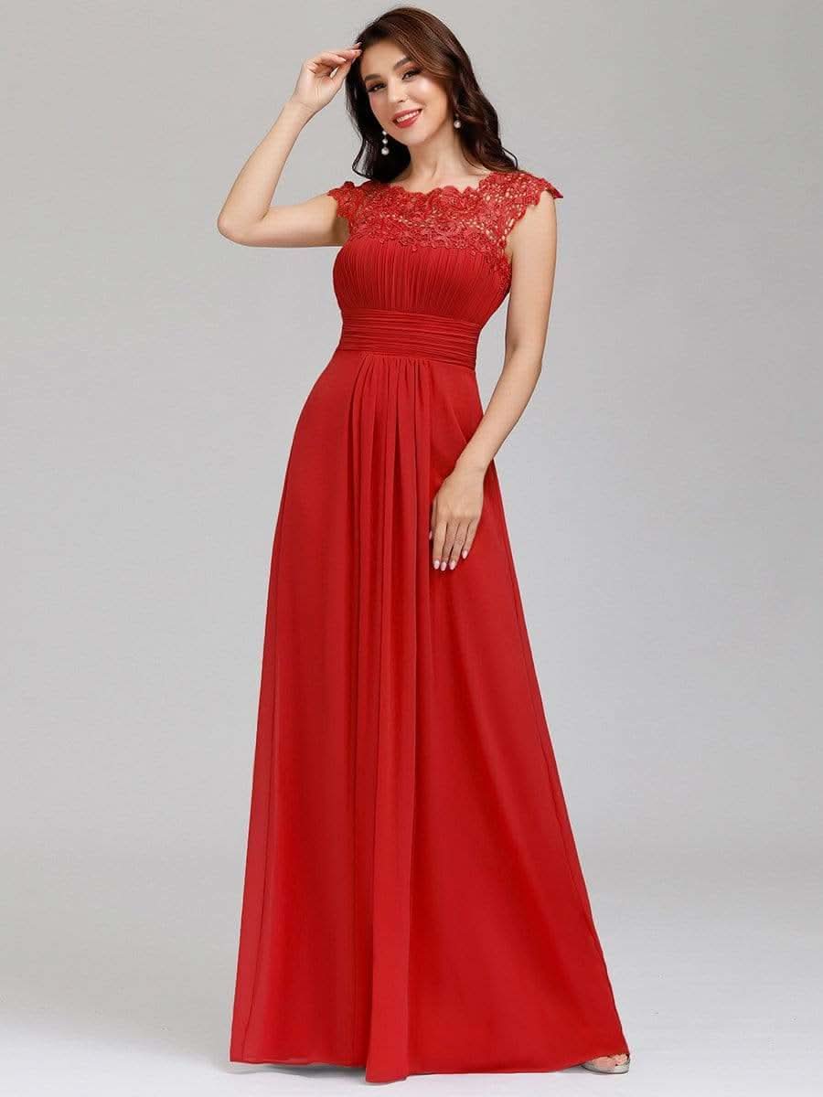 Damen Kurzarm Spitze&Chiffon Lange Abendkleider mit offenem Rücken 09996 #farbe_Rot