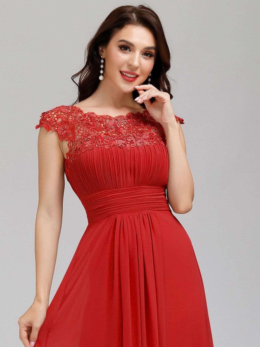 Damen Kurzarm Spitze&Chiffon Lange Abendkleider mit offenem Rücken 09996 #farbe_Rot
