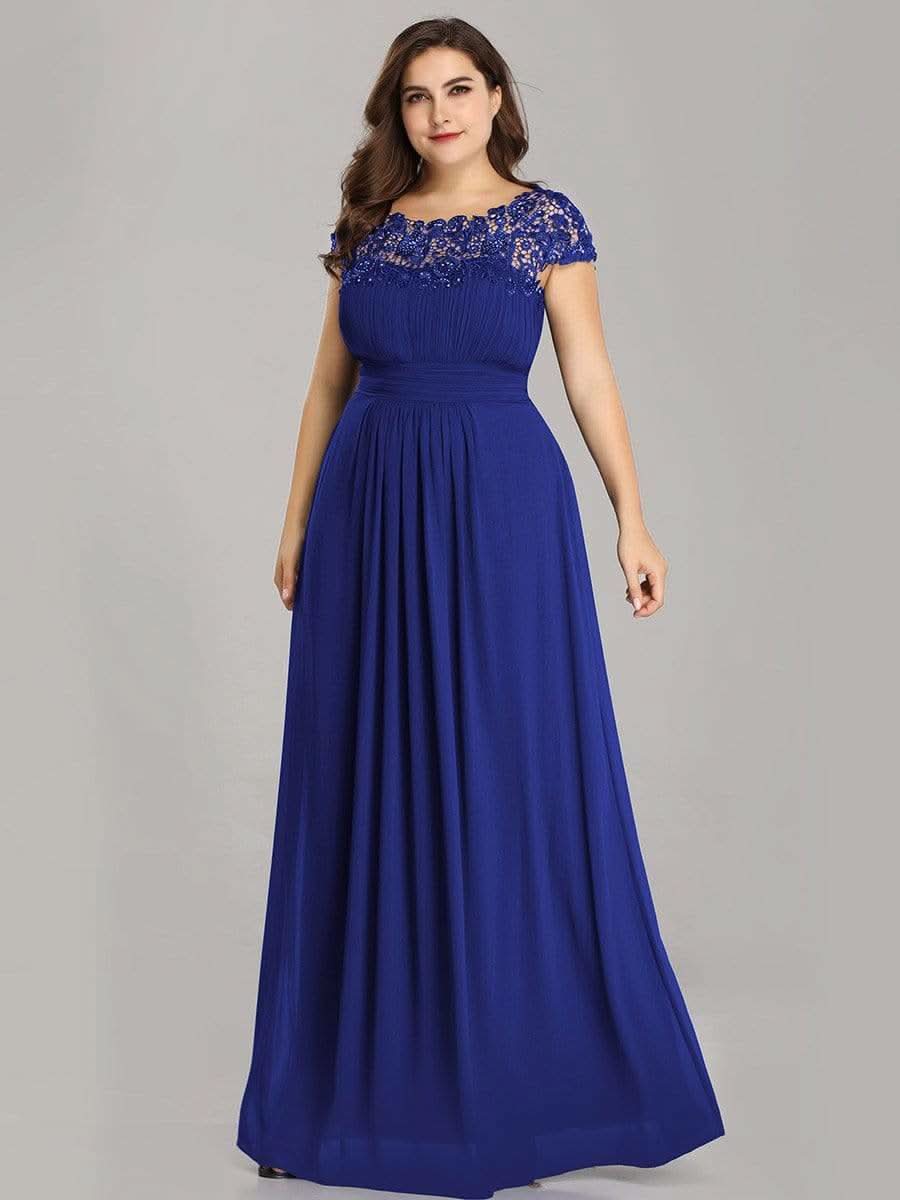 Color=Saphirblau | Plus Size Damen Lace Kurzarme Chiffon Lange Abendkleider 09993-Saphirblau 3