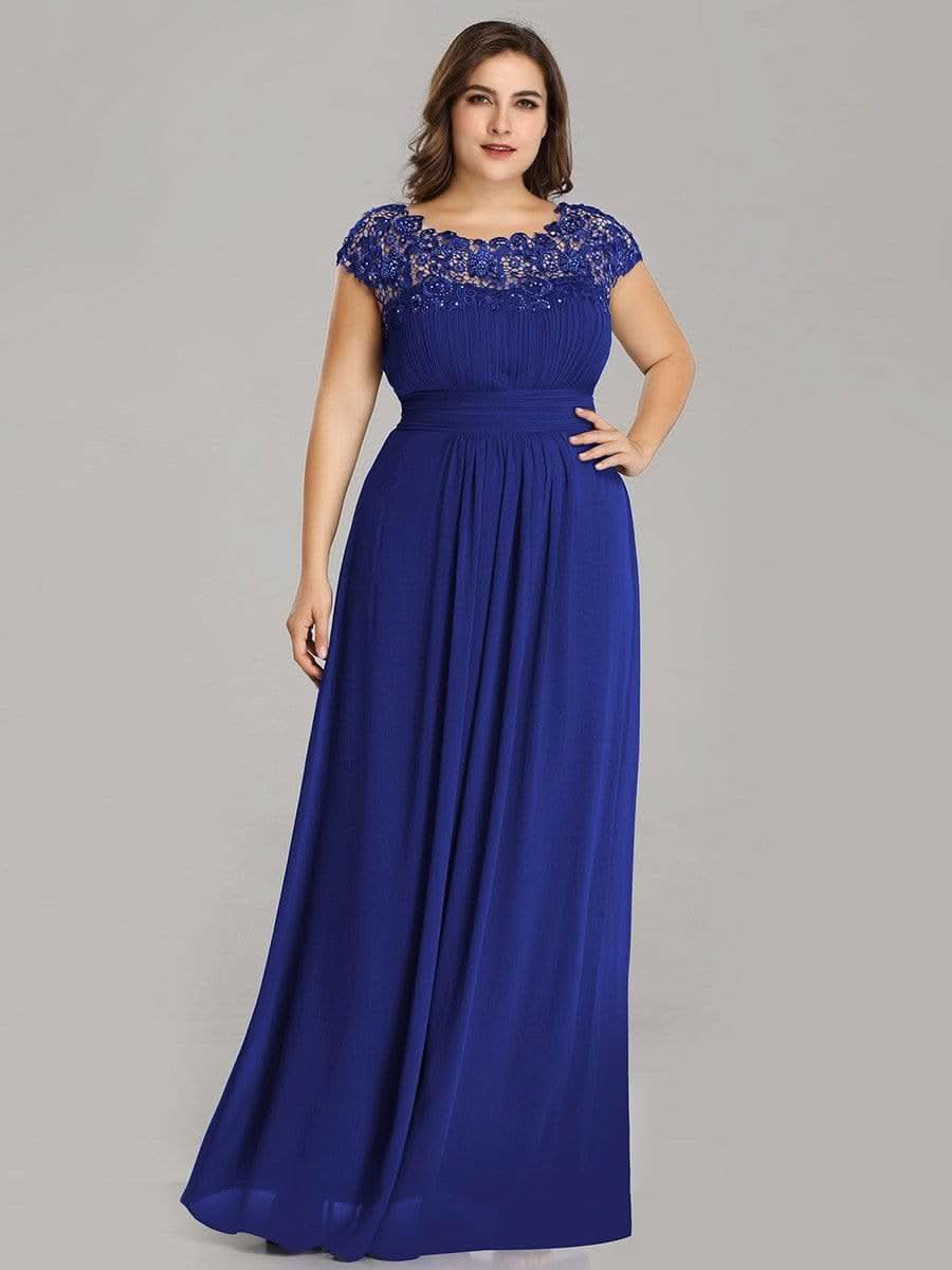 Color=Saphirblau | Plus Size Damen Lace Kurzarme Chiffon Lange Abendkleider 09993-Saphirblau 4
