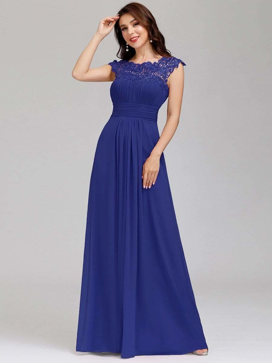 Damen Kurzarm Spitze&Chiffon Lange Abendkleider mit offenem Rücken 09996 #farbe_Saphirblau