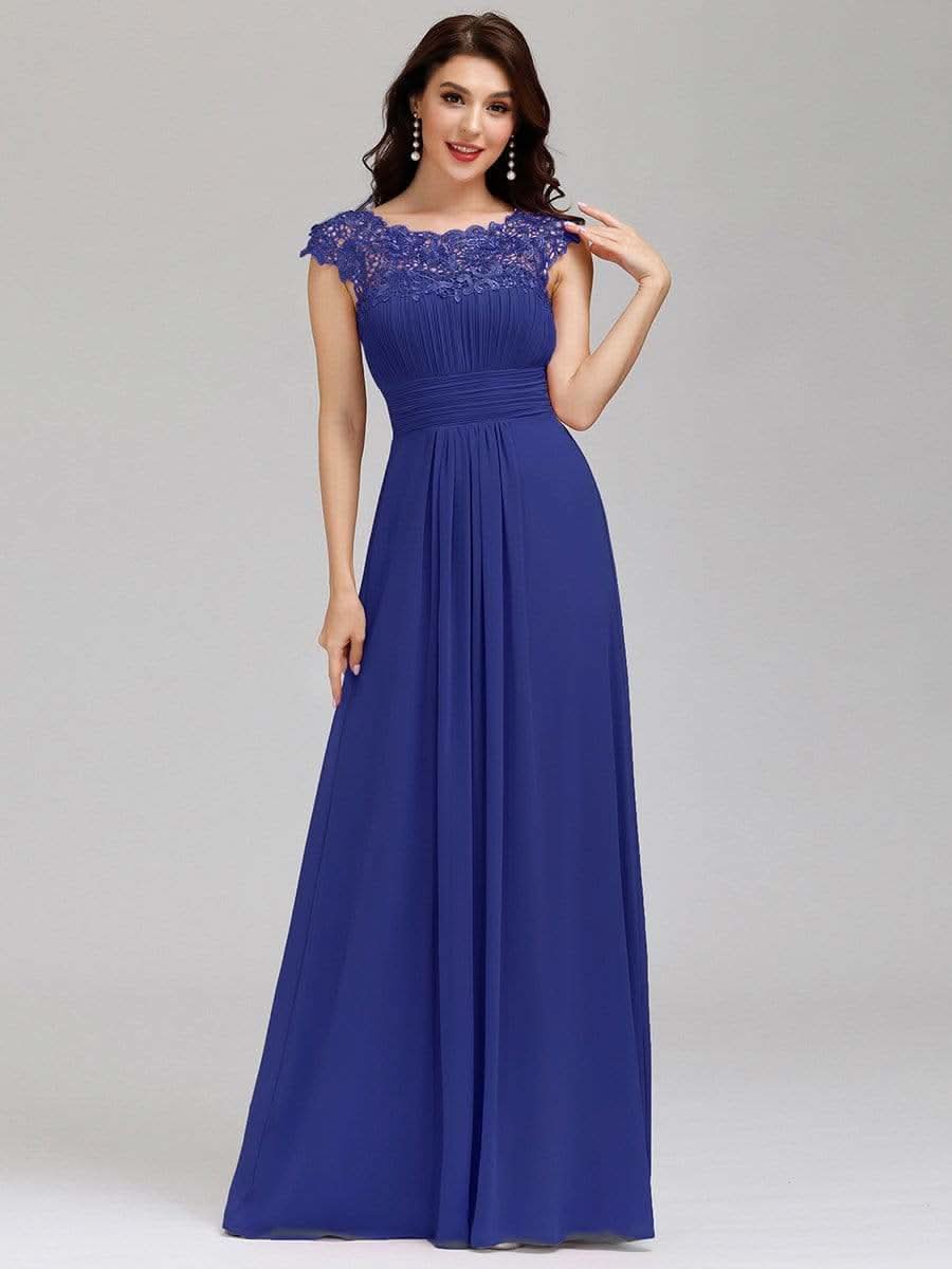 Color=Saphirblau | Damen Lace Rueckseite Offen Kurzarme Chiffon Lange Abendkleider 09993-Saphirblau 3