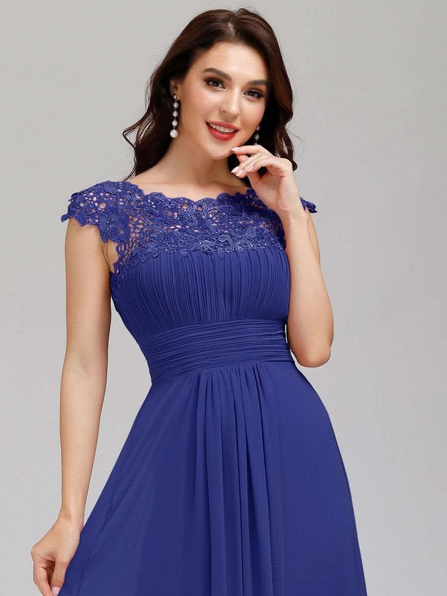 Color=Saphirblau | Damen Lace Rueckseite Offen Kurzarme Chiffon Lange Abendkleider 09993-Saphirblau 4