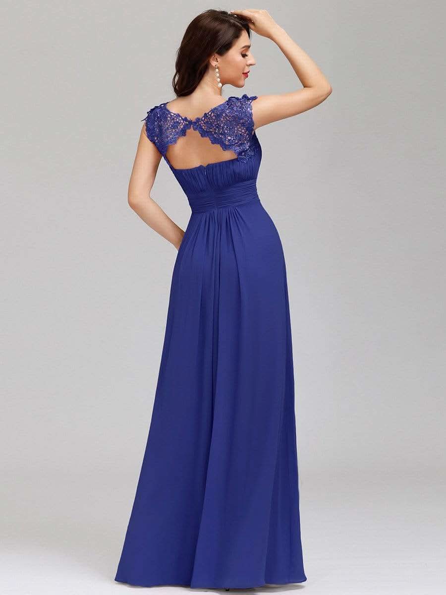 Color=Saphirblau | Damen Lace Rueckseite Offen Kurzarme Chiffon Lange Abendkleider 09993-Saphirblau 2
