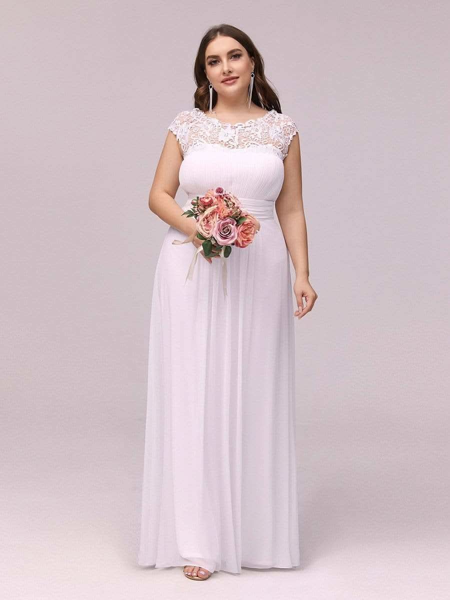 Damen Kurzarm Spitze&Chiffon Lange Abendkleider mit offenem Rücken 09996 #farbe_Weiss