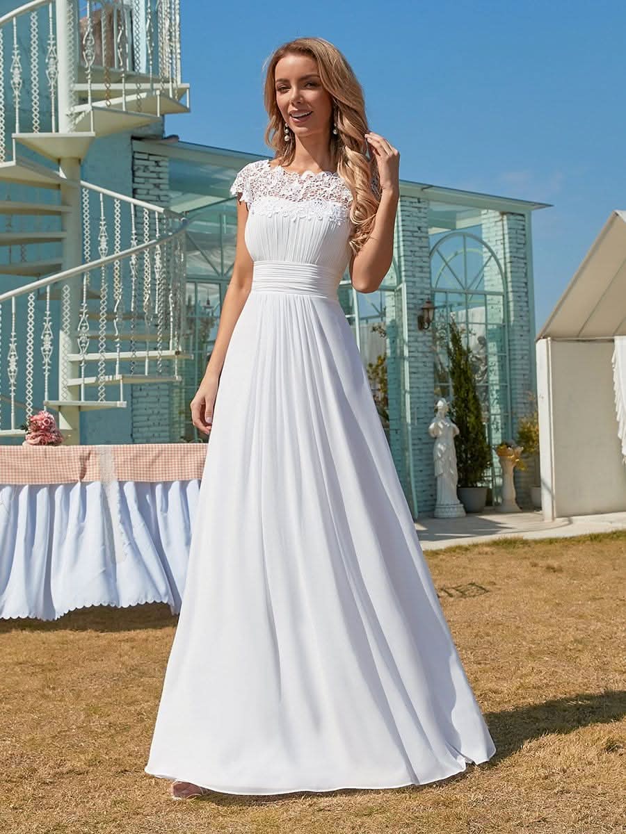Color=Weiss | Schlichtes Plissiertes Chiffon-Brautkleid Mit Spitzendekorationen-Weiss 5