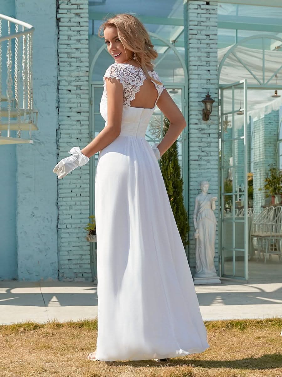 Color=Weiss | Schlichtes Plissiertes Chiffon-Brautkleid Mit Spitzendekorationen-Weiss 2