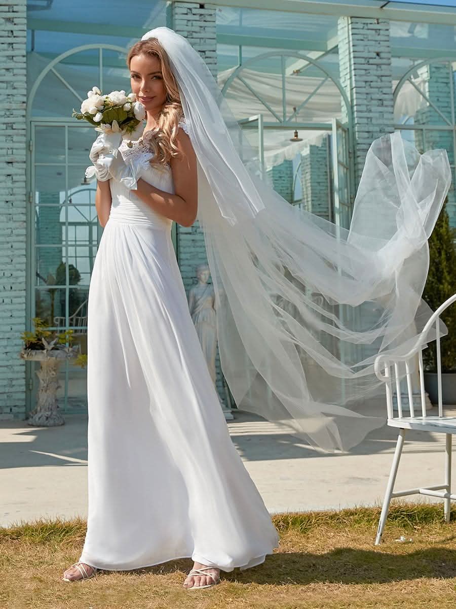 Color=Weiss | Schlichtes Plissiertes Chiffon-Brautkleid Mit Spitzendekorationen-Weiss 1