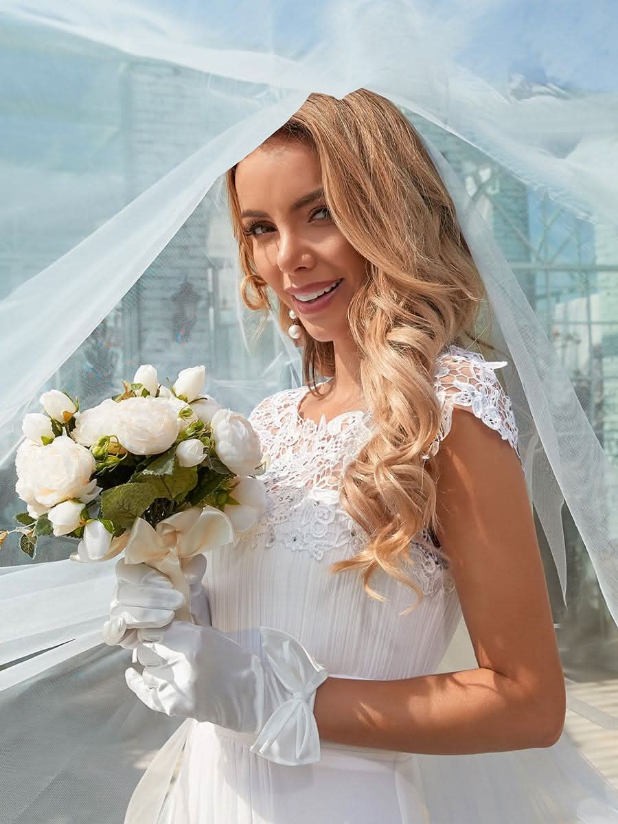 Color=Weiss | Schlichtes Plissiertes Chiffon-Brautkleid Mit Spitzendekorationen-Weiss 4