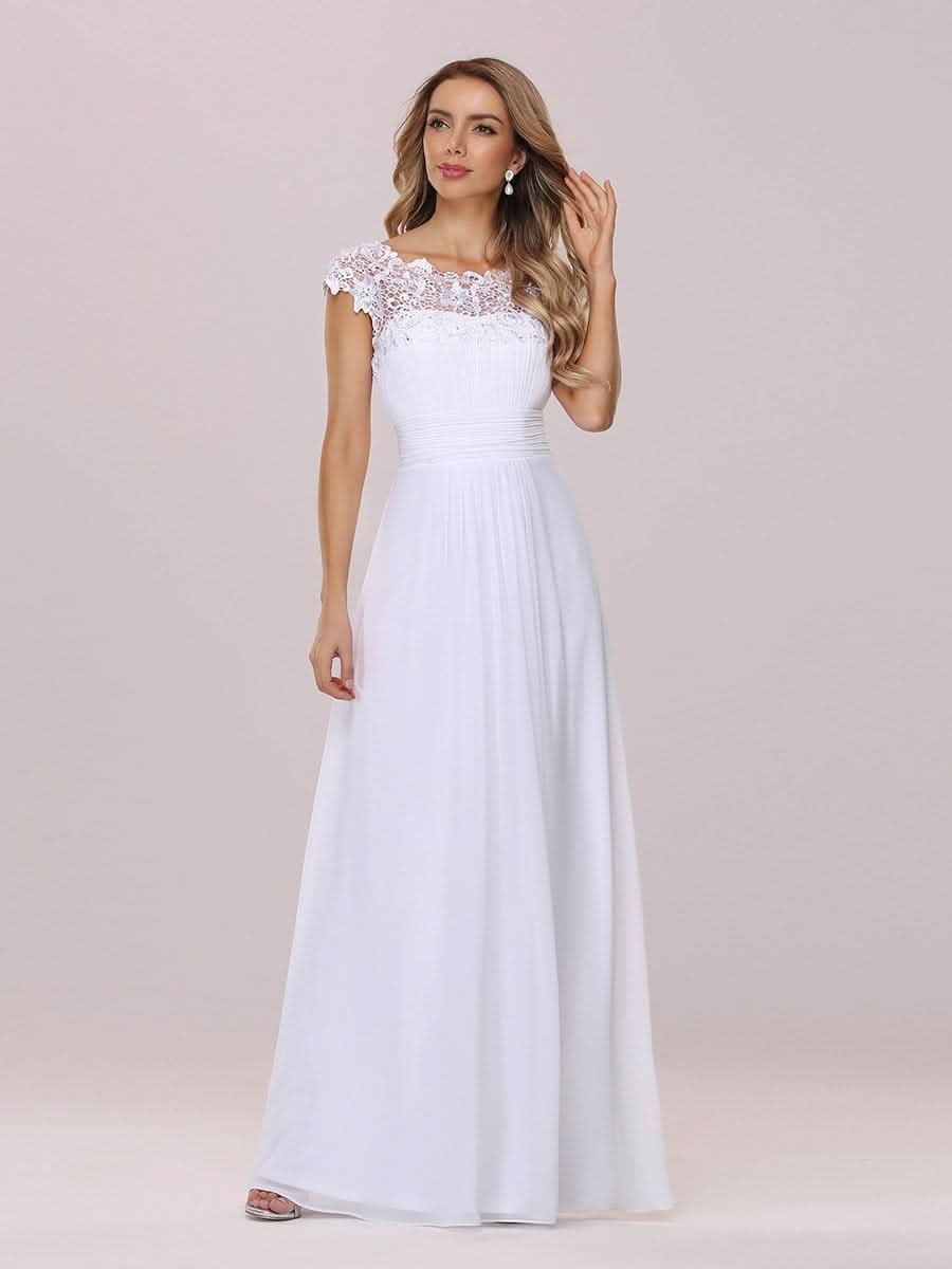 Color=Weiss | Schlichtes Plissiertes Chiffon-Brautkleid Mit Spitzendekorationen-Weiss 6