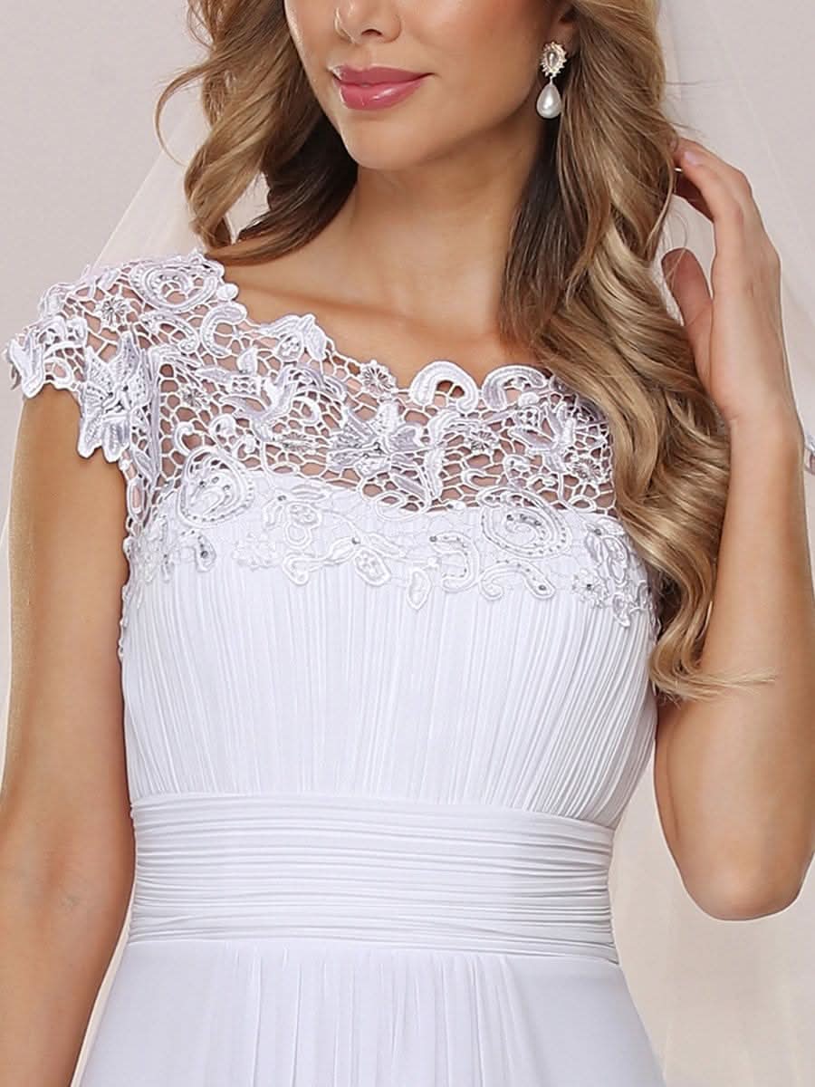 Color=Weiss | Schlichtes Plissiertes Chiffon-Brautkleid Mit Spitzendekorationen-Weiss 7