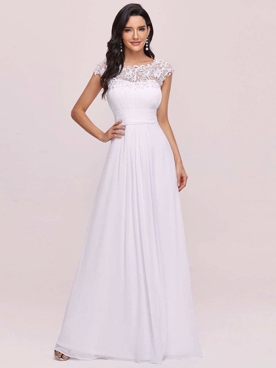 Color=Weiss | Damen Lace Rueckseite Offen Kurzarme Chiffon Lange Abendkleider 09993-Weiss 3
