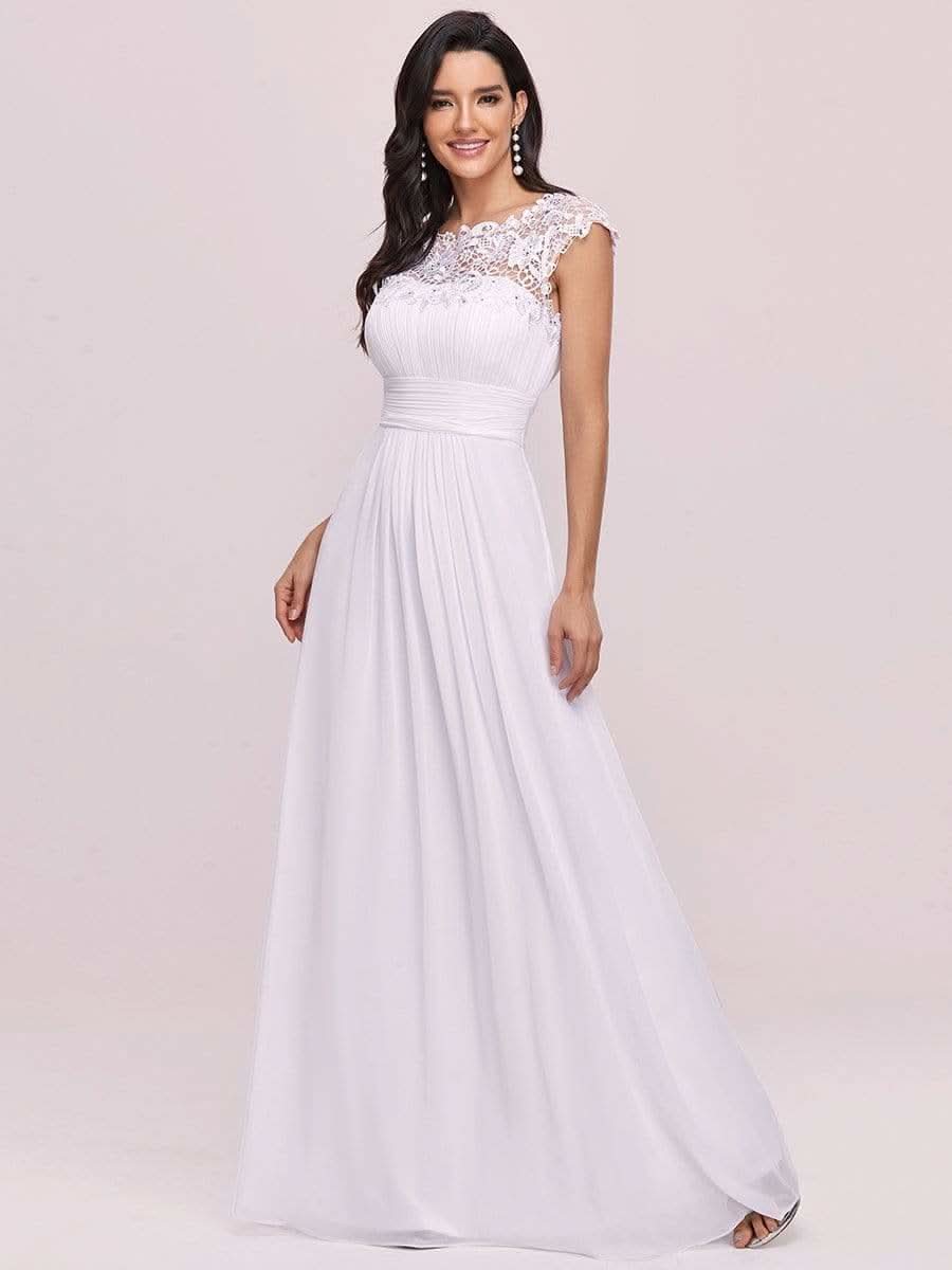 Color=Weiss | Damen Lace Rueckseite Offen Kurzarme Chiffon Lange Abendkleider 09993-Weiss 4