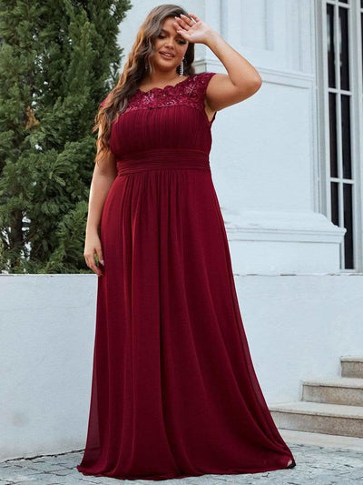 Color=Burgundy | Plus Size Damen Lace Kurzarme Chiffon Lange Abendkleider 09993-Burgundy 1