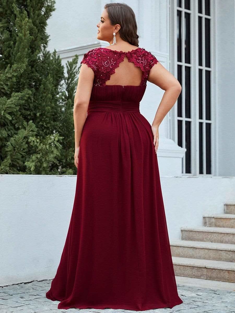 Color=Burgundy | Plus Size Damen Lace Kurzarme Chiffon Lange Abendkleider 09993-Burgundy 2