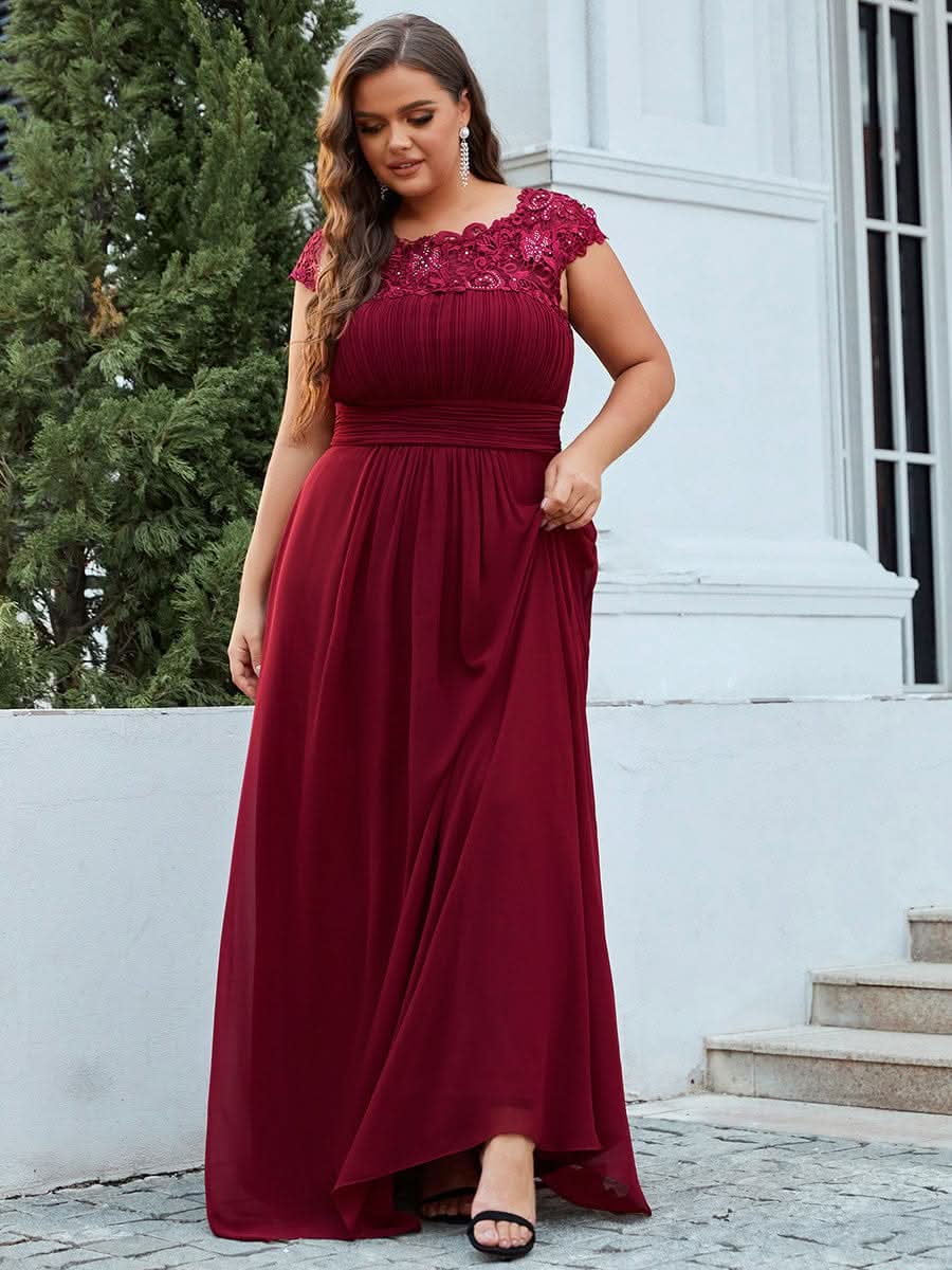 Color=Burgundy| Damen Lace Rueckseite Offen Kurzarme Chiffon Lange Abendkleider 09993-Burgundy 7