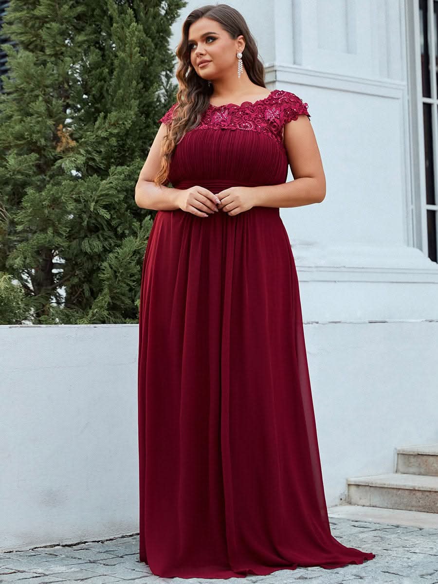 Color=Burgundy| Damen Lace Rueckseite Offen Kurzarme Chiffon Lange Abendkleider 09993-Burgundy 8