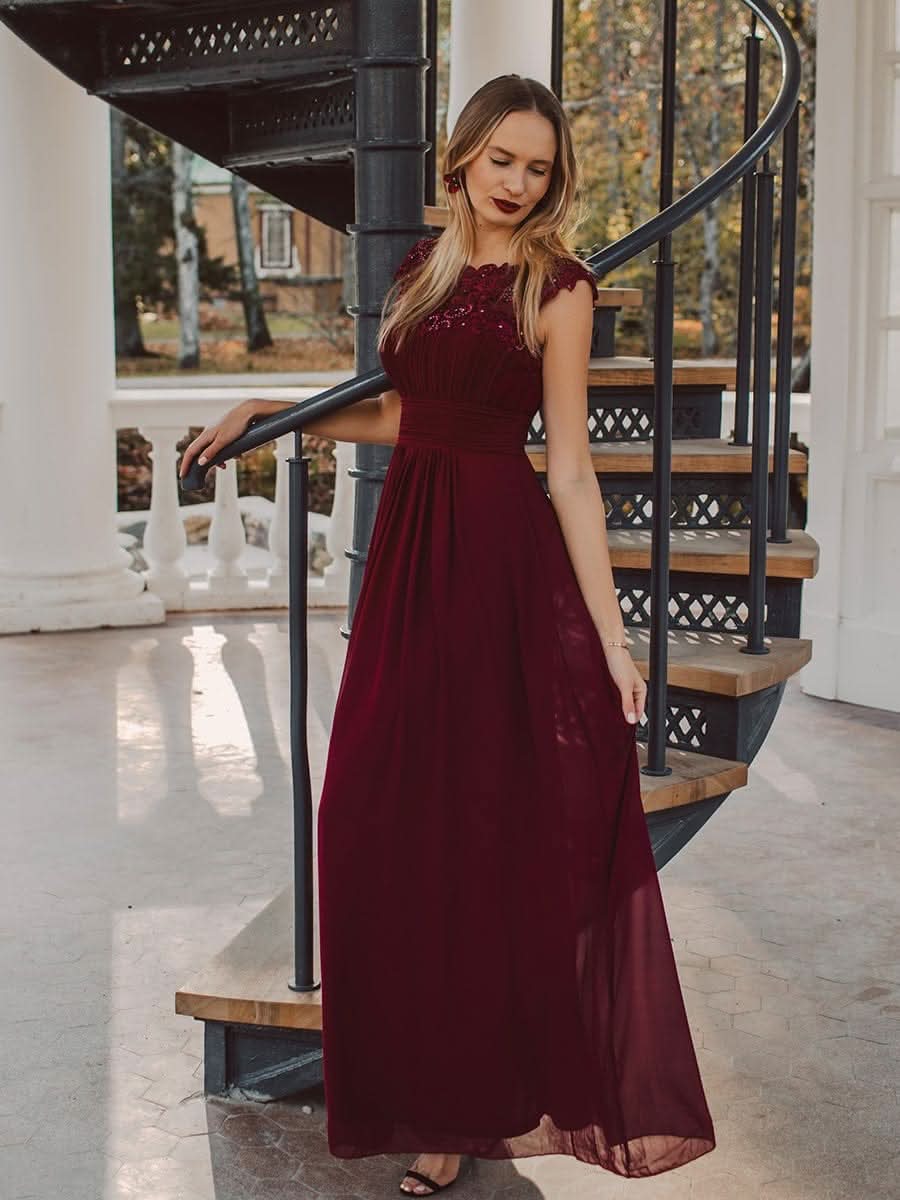 Kurzarm Lange Maxikleid Hochzeitsgast mit Offenem Rücken #Farbe_Burgundy