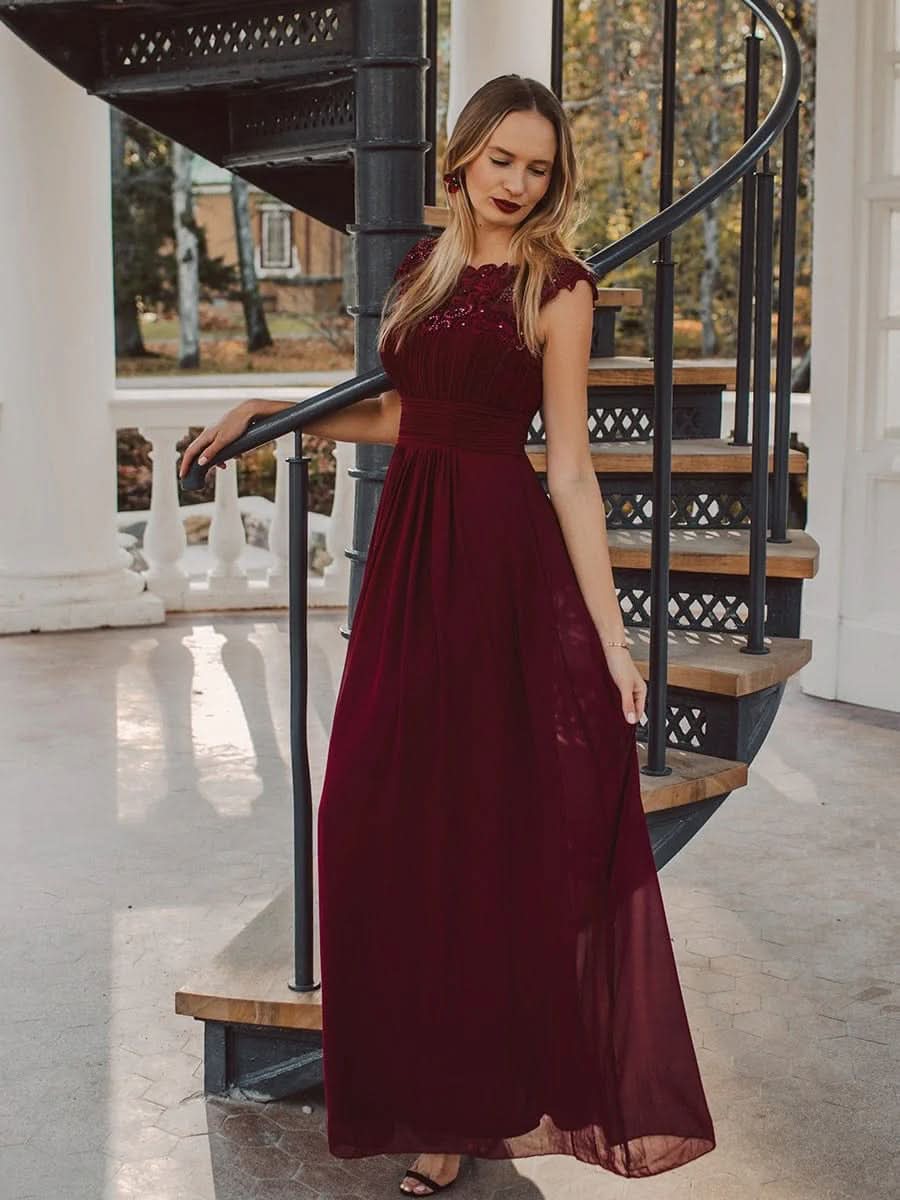 Größe Nach Maß Damen Kurzarm Spitze&Chiffon Lange Abendkleider mit offenem Rücken 09996 #Farbe_Burgundy