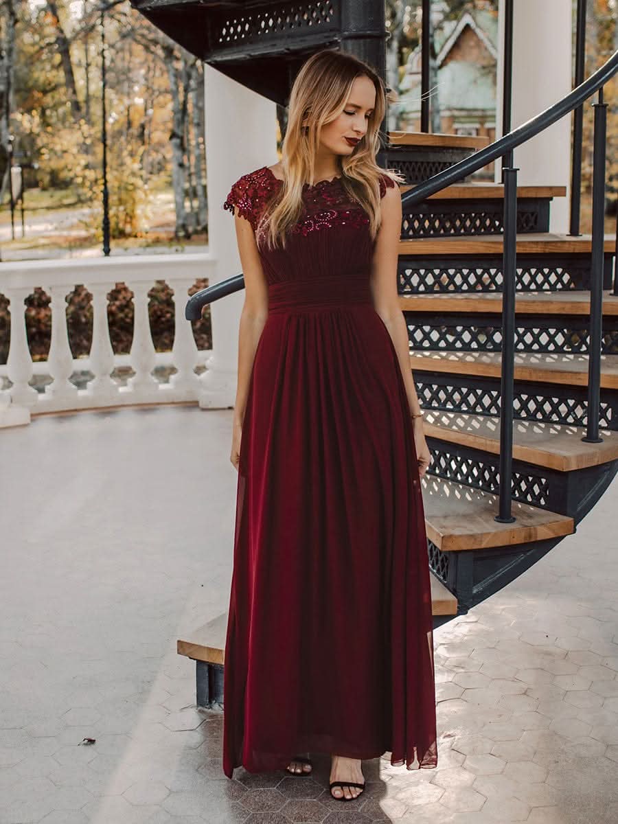 Color=Burgundy| Damen Lace Rueckseite Offen Kurzarme Chiffon Lange Abendkleider 09993-Burgundy 2
