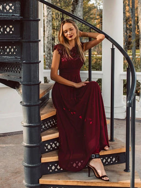 Größe Nach Maß Damen Kurzarm Spitze&Chiffon Lange Abendkleider mit offenem Rücken 09996