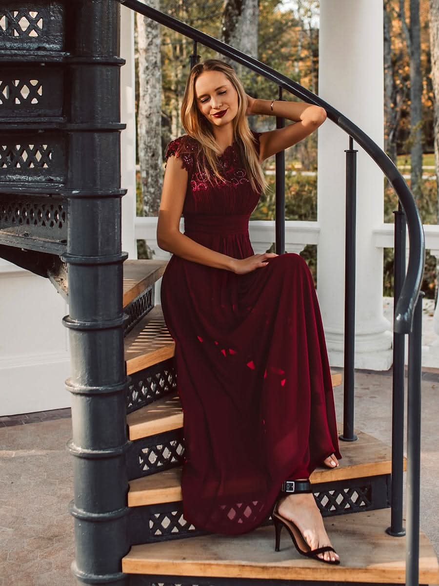 Color=Burgundy| Damen Lace Rueckseite Offen Kurzarme Chiffon Lange Abendkleider 09993-Burgundy 3