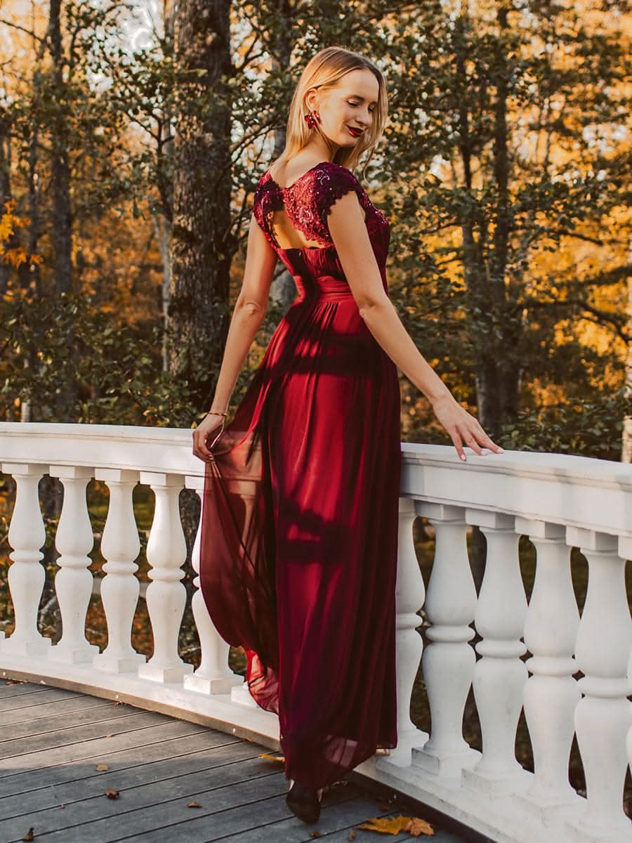 Color=Burgundy| Damen Lace Rueckseite Offen Kurzarme Chiffon Lange Abendkleider 09993-Burgundy 4