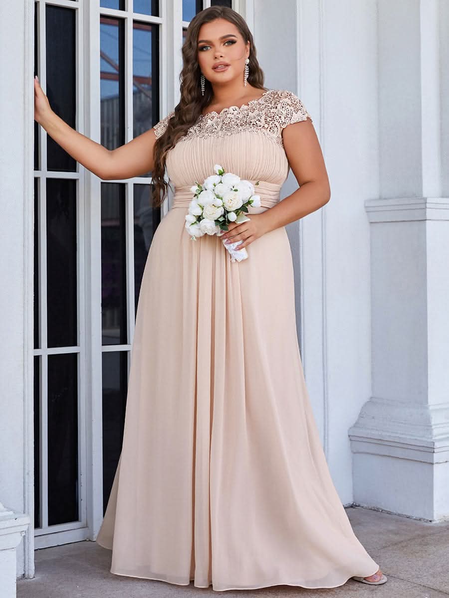Color=Rosa | Damen Lace Rueckseite Offen Kurzarme Chiffon Lange Abendkleider 09993-Rosa 7