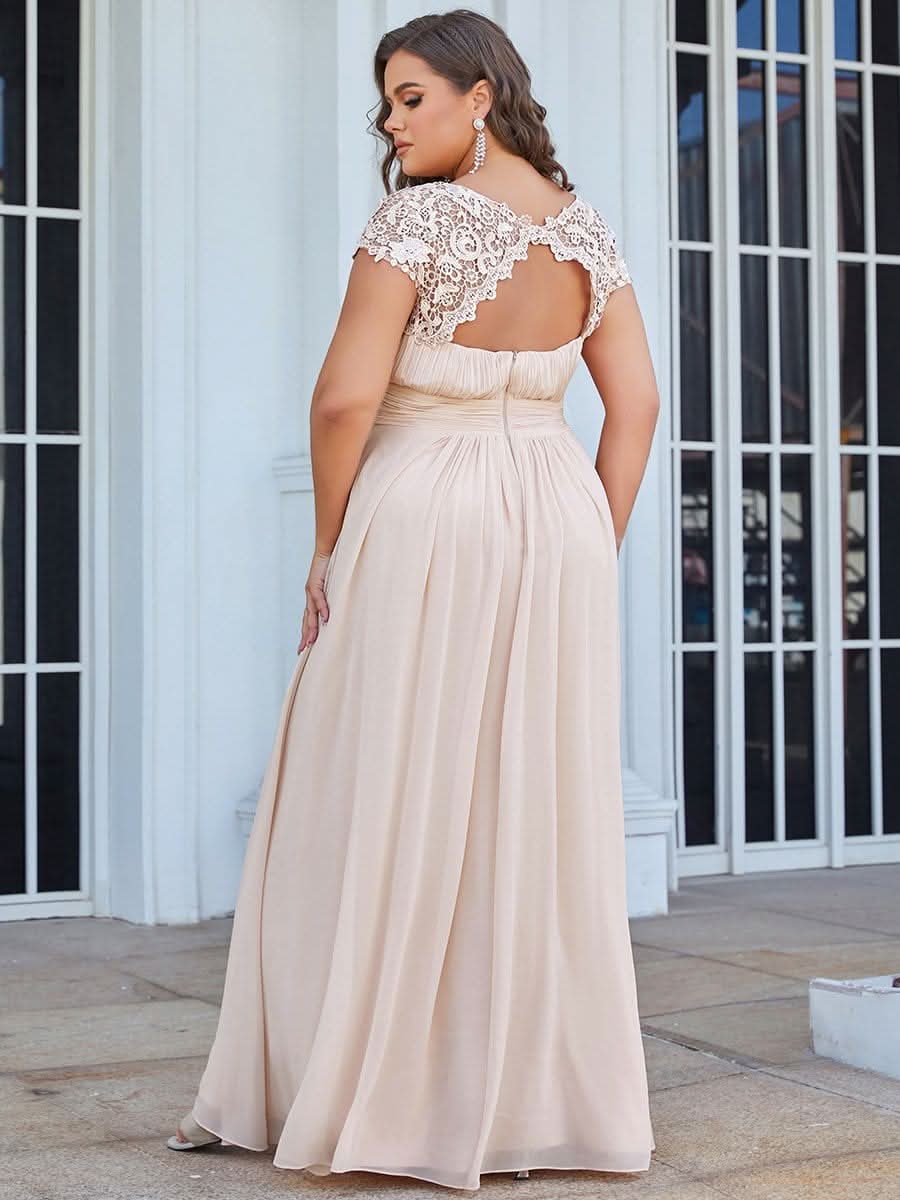 Color=Blush | Plus Size Damen Lace Kurzarme Chiffon Lange Abendkleider 09993-Blush 2