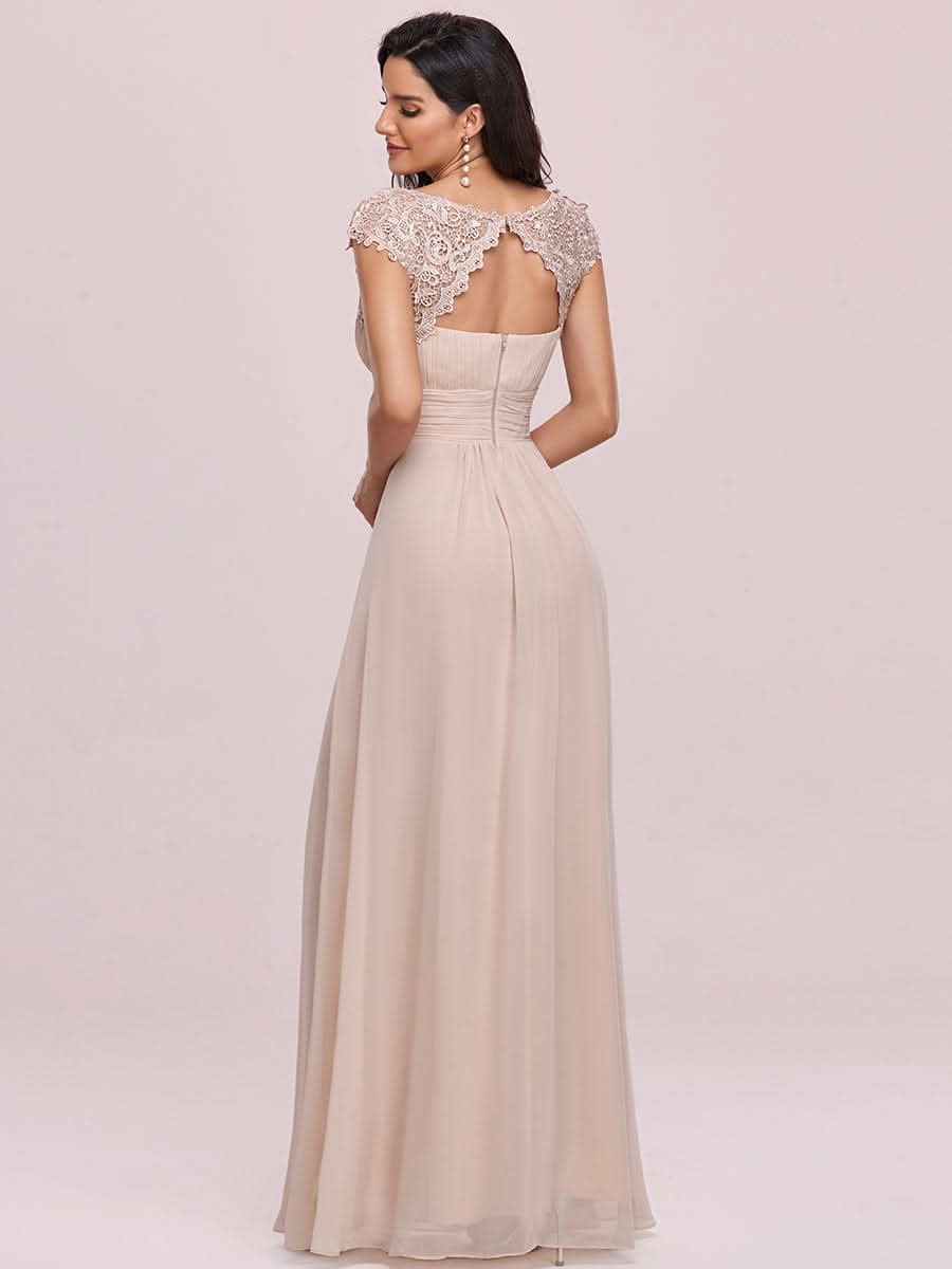 Color=Rosa | Damen Lace Rueckseite Offen Kurzarme Chiffon Lange Abendkleider 09993-Rosa 2