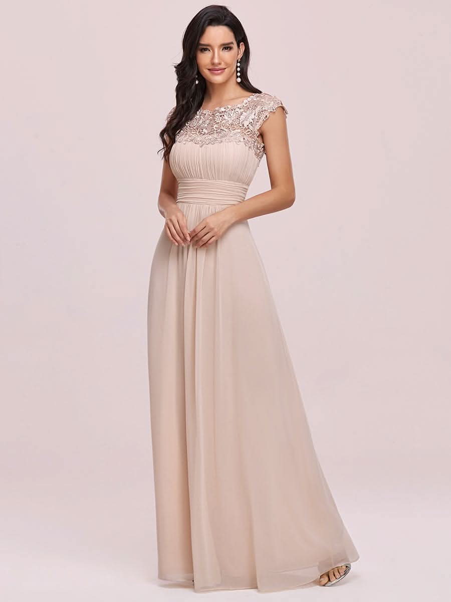 Color=Rosa | Damen Lace Rueckseite Offen Kurzarme Chiffon Lange Abendkleider 09993-Rosa 3