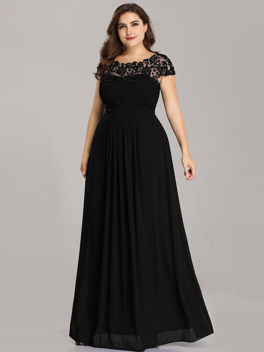 Color=Schwarz | Damen Lace Rueckseite Offen Kurzarme Chiffon Lange Abendkleider 09993-Schwarz 4