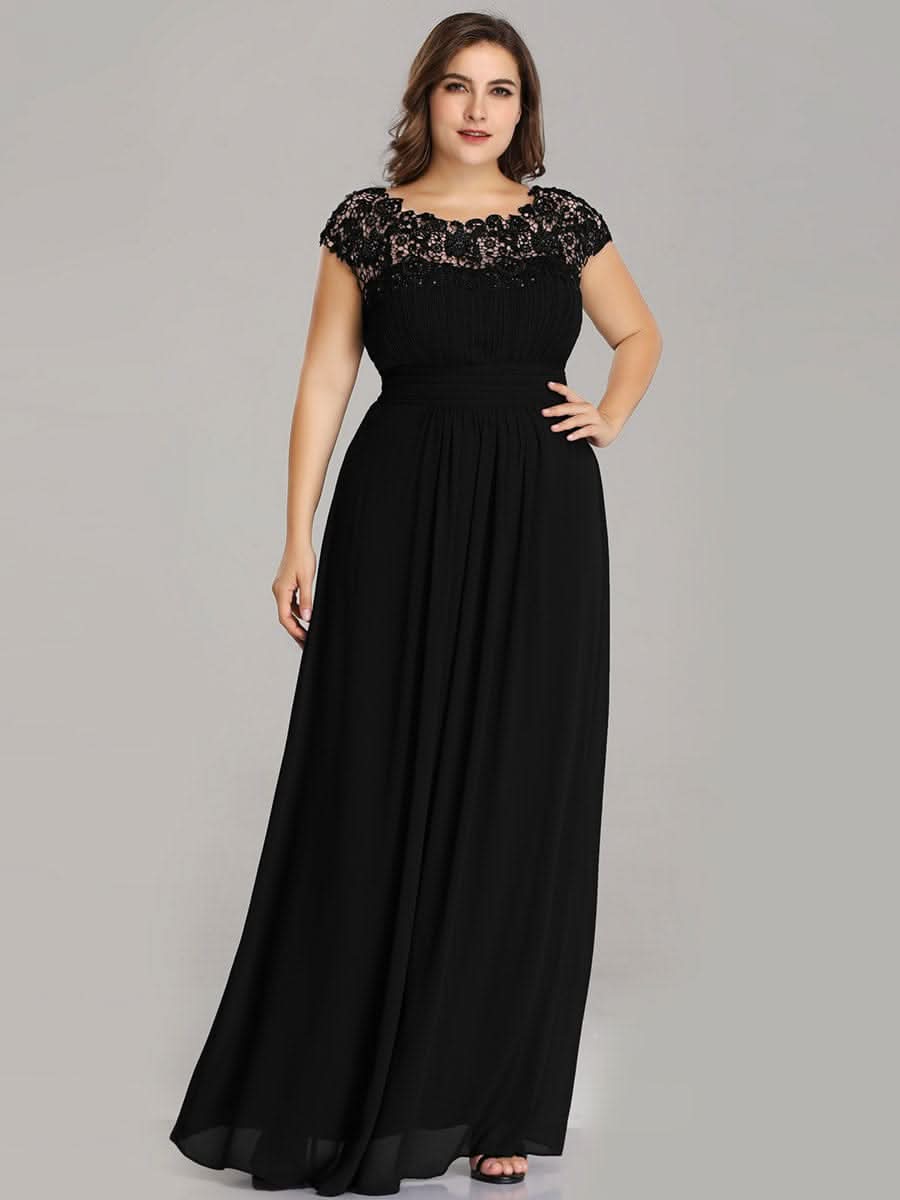 Color=Schwarz | Damen Lace Rueckseite Offen Kurzarme Chiffon Lange Abendkleider 09993-Schwarz 6