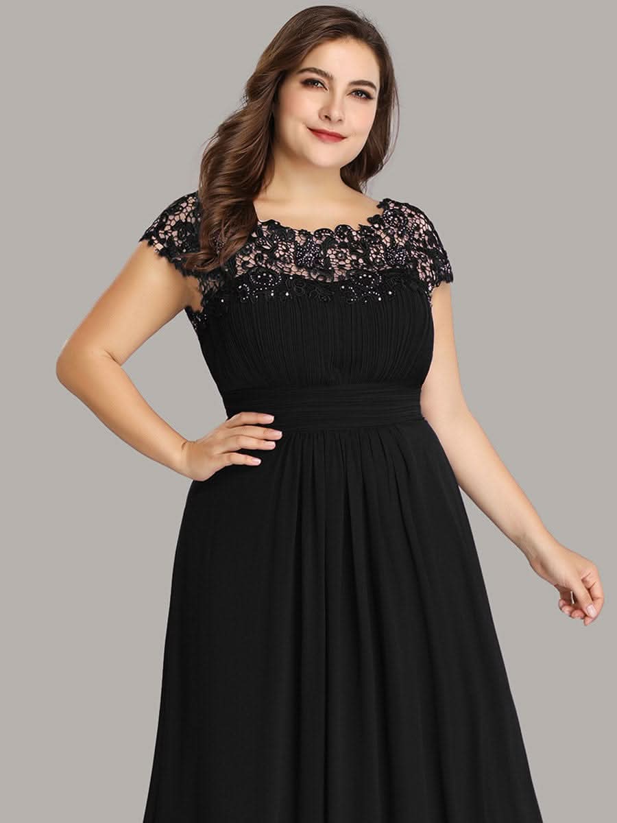 Color=Schwarz | Damen Lace Rueckseite Offen Kurzarme Chiffon Lange Abendkleider 09993-Schwarz 7