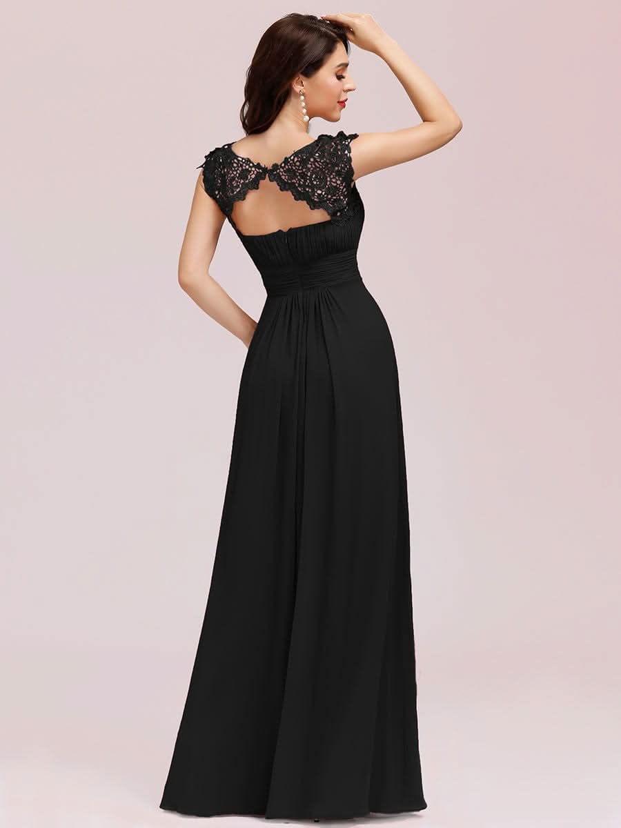 Color=Schwarz | Damen Lace Rueckseite Offen Kurzarme Chiffon Lange Abendkleider 09993-Schwarz 2