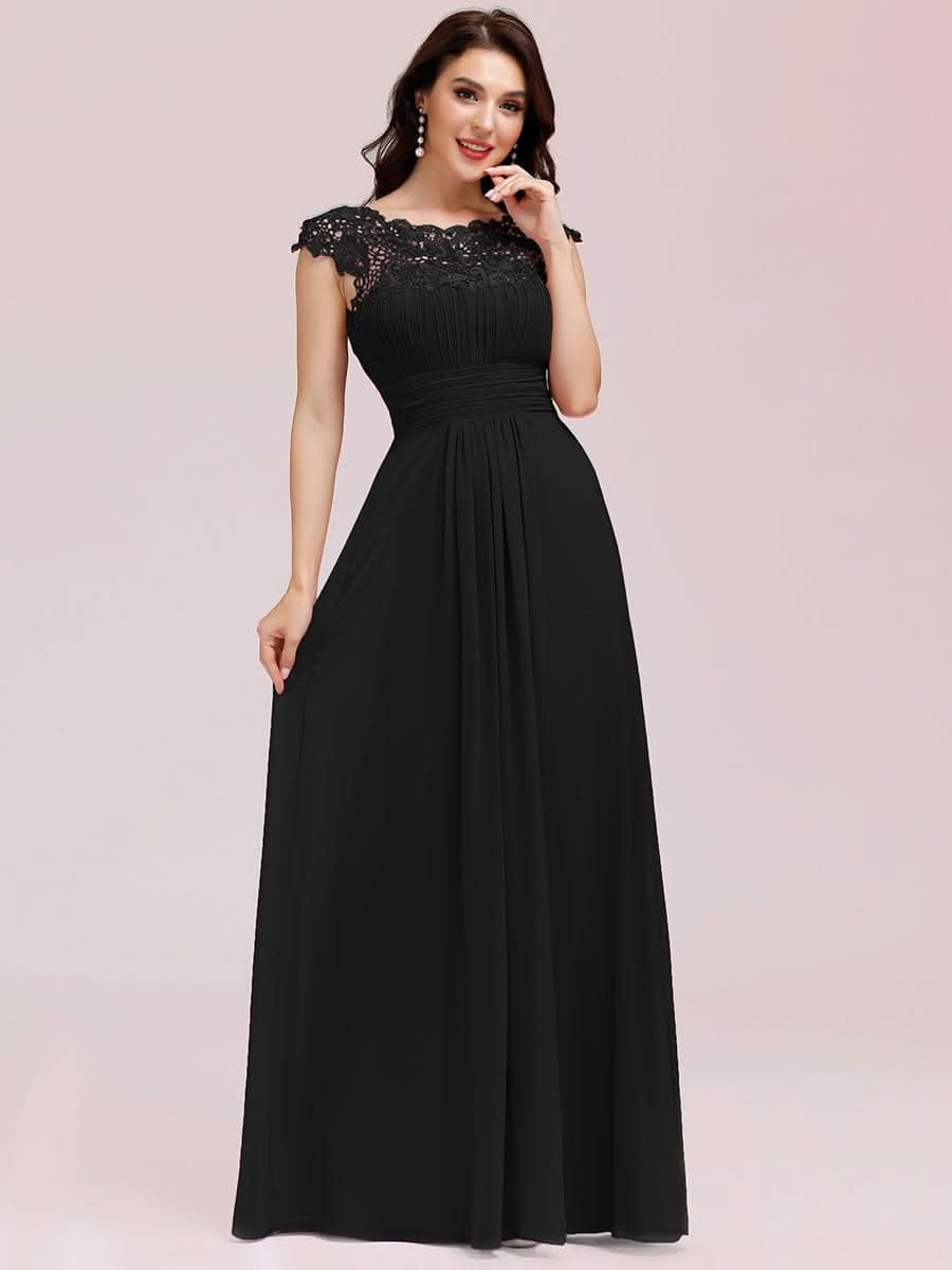 Color=Schwarz | Damen Lace Rueckseite Offen Kurzarme Chiffon Lange Abendkleider 09993-Schwarz 1