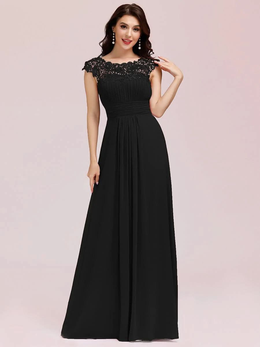 Größe Nach Maß Damen Kurzarm Spitze&Chiffon Lange Abendkleider mit offenem Rücken 09996 #Farbe_Schwarz