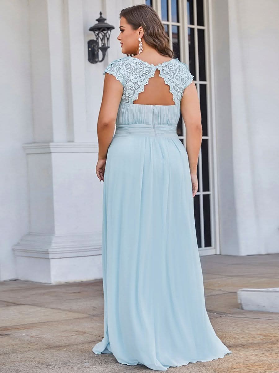 Color=Blau | Plus Size Damen Lace Kurzarme Chiffon Lange Abendkleider 09993-Blau 2