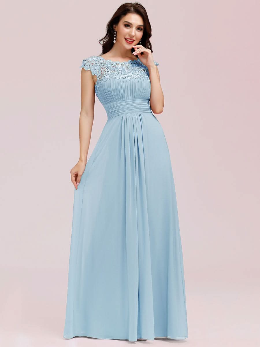 Color=Blau | Damen Lace Rueckseite Offen Kurzarme Chiffon Lange Abendkleider 09993-Blau 4