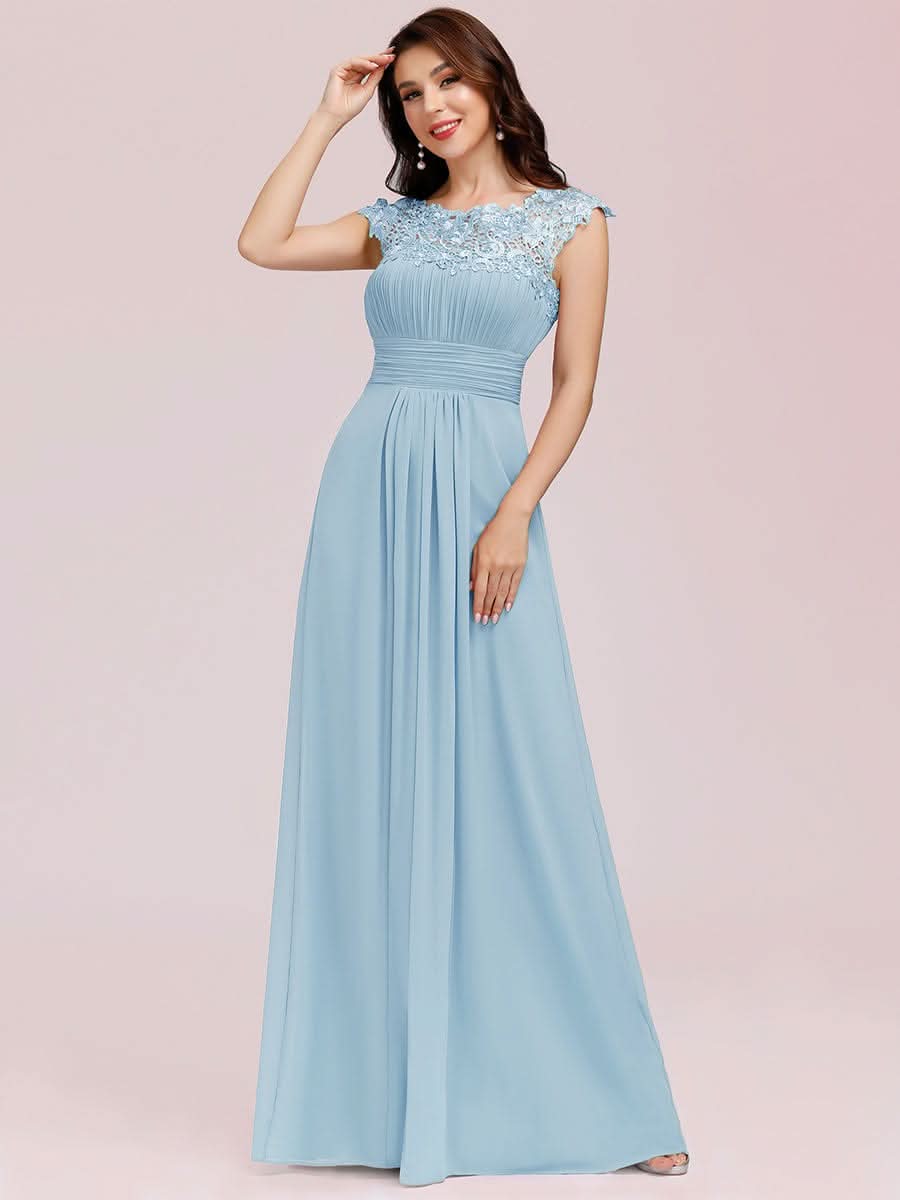 Color=Blau | Damen Lace Rueckseite Offen Kurzarme Chiffon Lange Abendkleider 09993-Blau 3