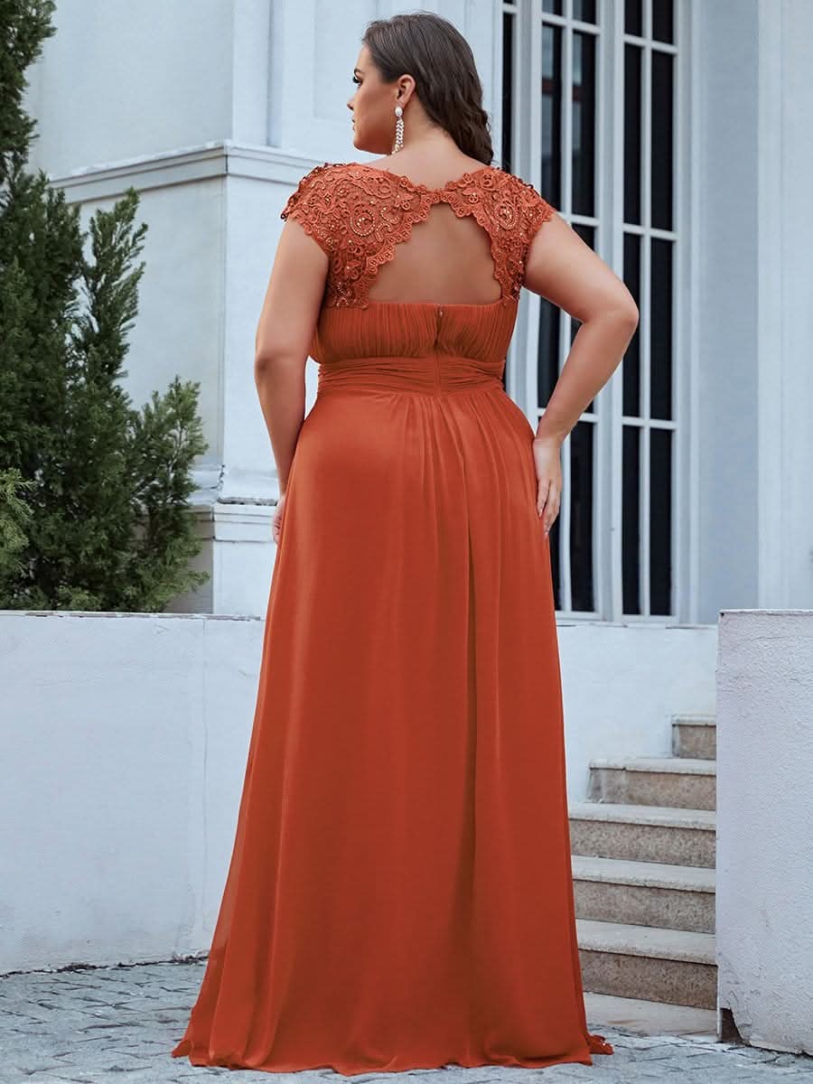 Color=Gebrannte Orange | Damen Lace Rueckseite Offen Kurzarme Chiffon Lange Abendkleider 09993-Gebrannte Orange 6