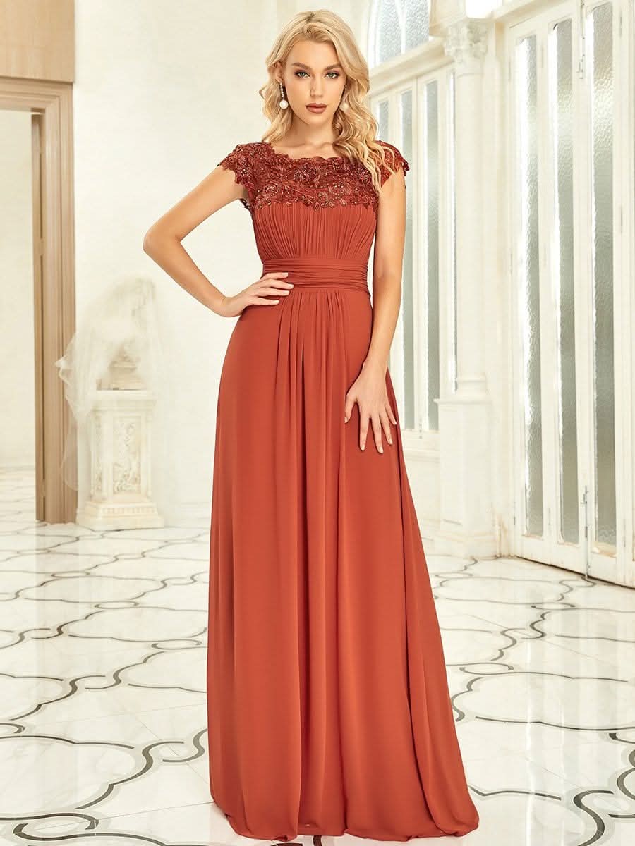 Color=Gebrannte Orange | Damen Lace Rueckseite Offen Kurzarme Chiffon Lange Abendkleider 09993-Gebrannte Orange 1