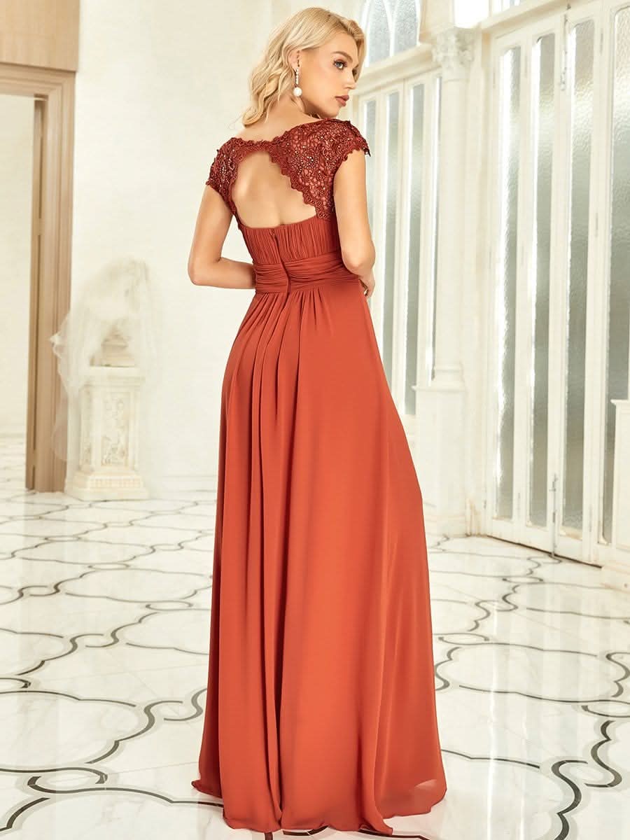 Color=Gebrannte Orange | Damen Lace Rueckseite Offen Kurzarme Chiffon Lange Abendkleider 09993-Gebrannte Orange 2