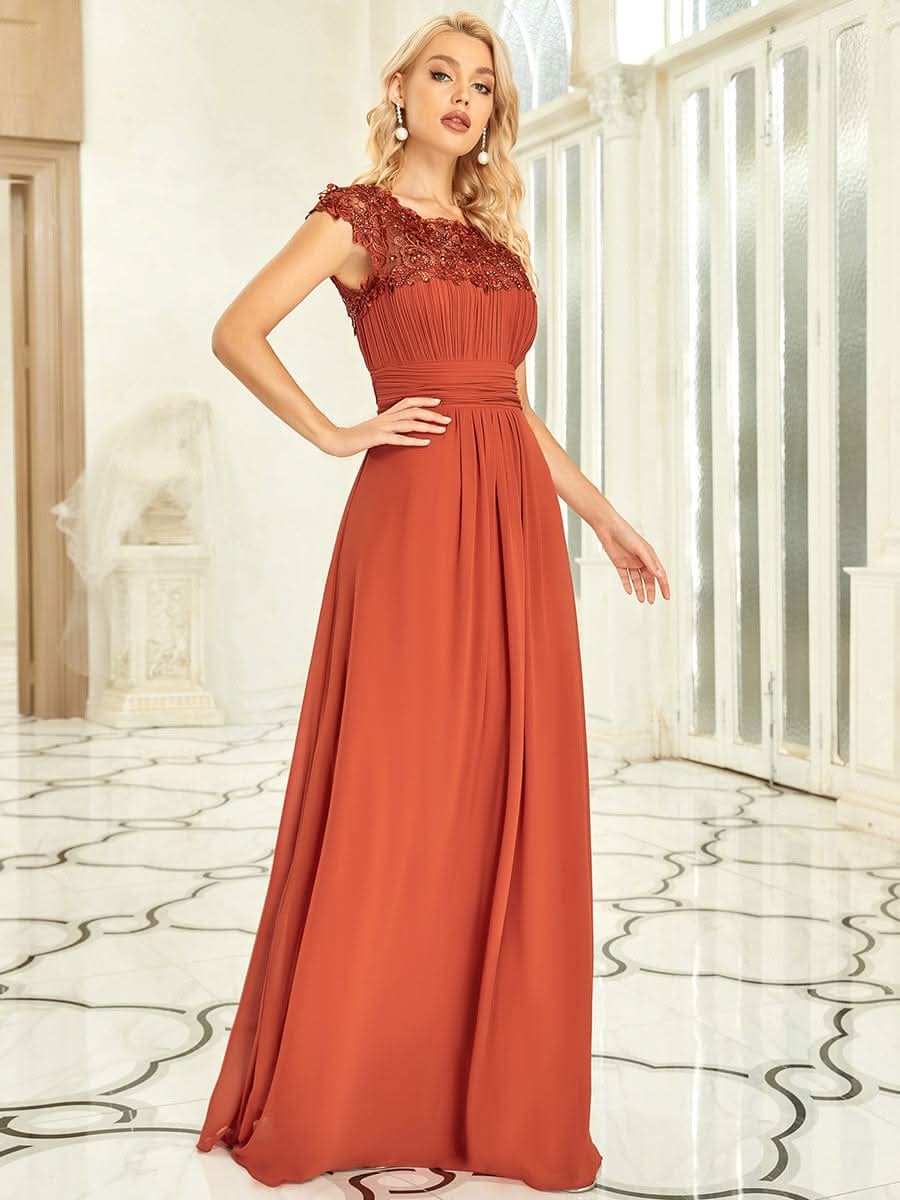 Größe Nach Maß Damen Kurzarm Spitze&Chiffon Lange Abendkleider mit offenem Rücken 09996 #Farbe_Gebrannte Orange