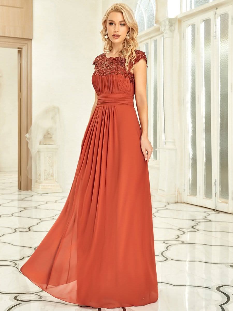 Color=Gebrannte Orange | Damen Lace Rueckseite Offen Kurzarme Chiffon Lange Abendkleider 09993-Gebrannte Orange 4