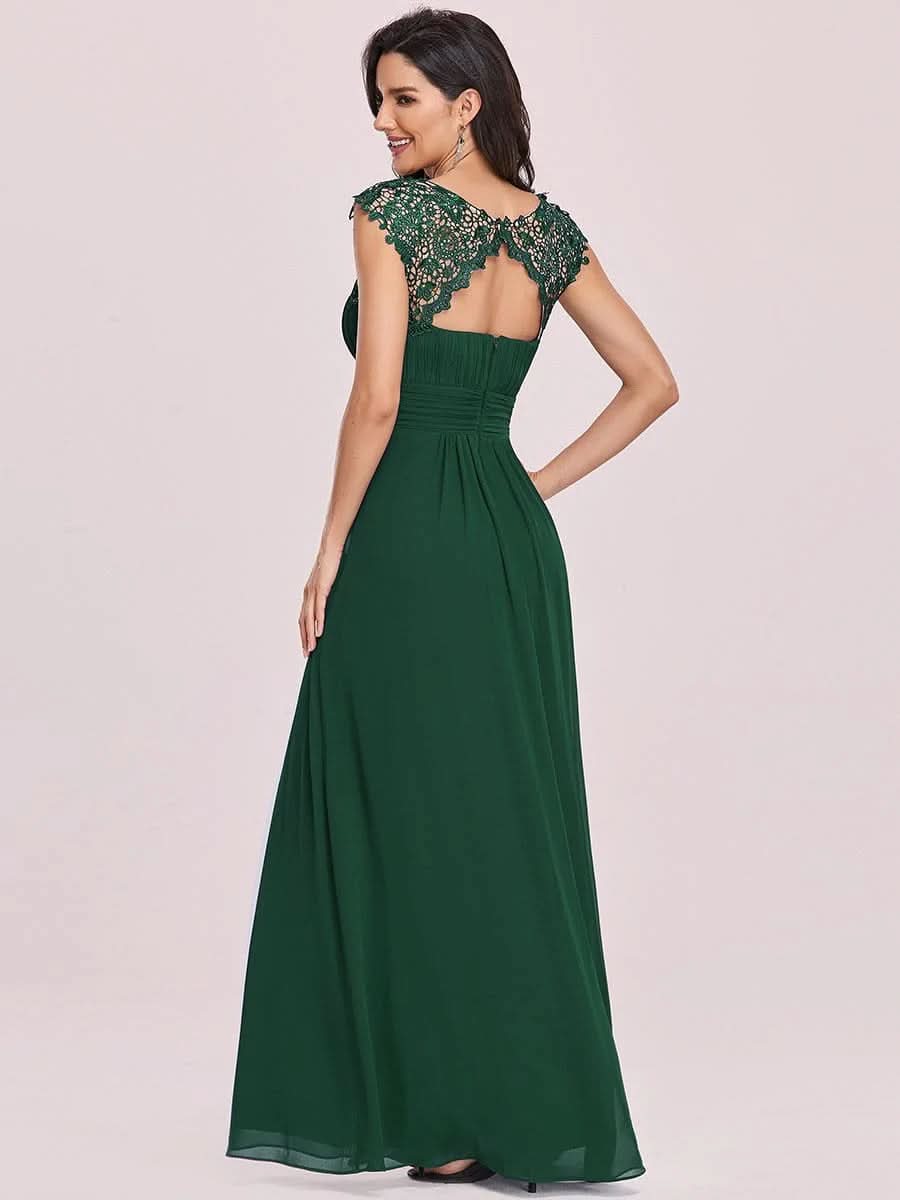 Größe Nach Maß Damen Kurzarm Spitze&Chiffon Lange Abendkleider mit offenem Rücken 09996 #Farbe_Dunkel Gruen