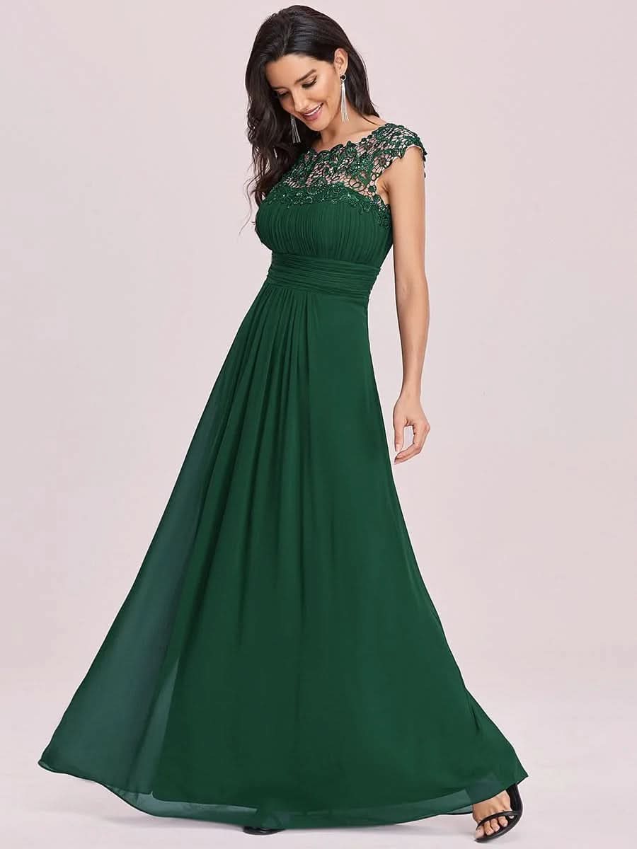 Größe Nach Maß Damen Kurzarm Spitze&Chiffon Lange Abendkleider mit offenem Rücken 09996