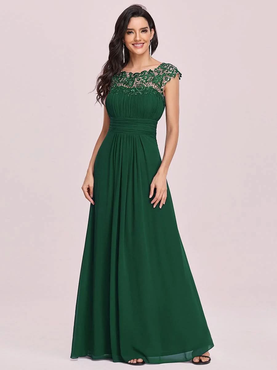 Größe Nach Maß Damen Kurzarm Spitze&Chiffon Lange Abendkleider mit offenem Rücken 09996 #Farbe_Dunkel Gruen